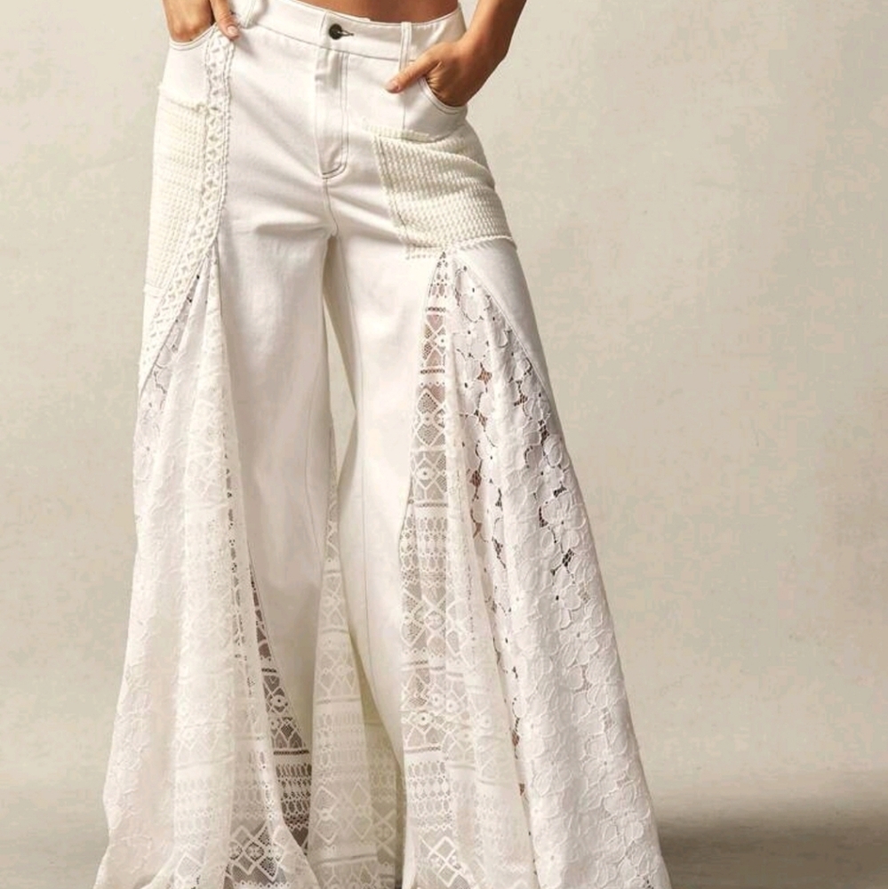 Bohemian Style Patchwork Solid Color Mid-Waist Flare Pants